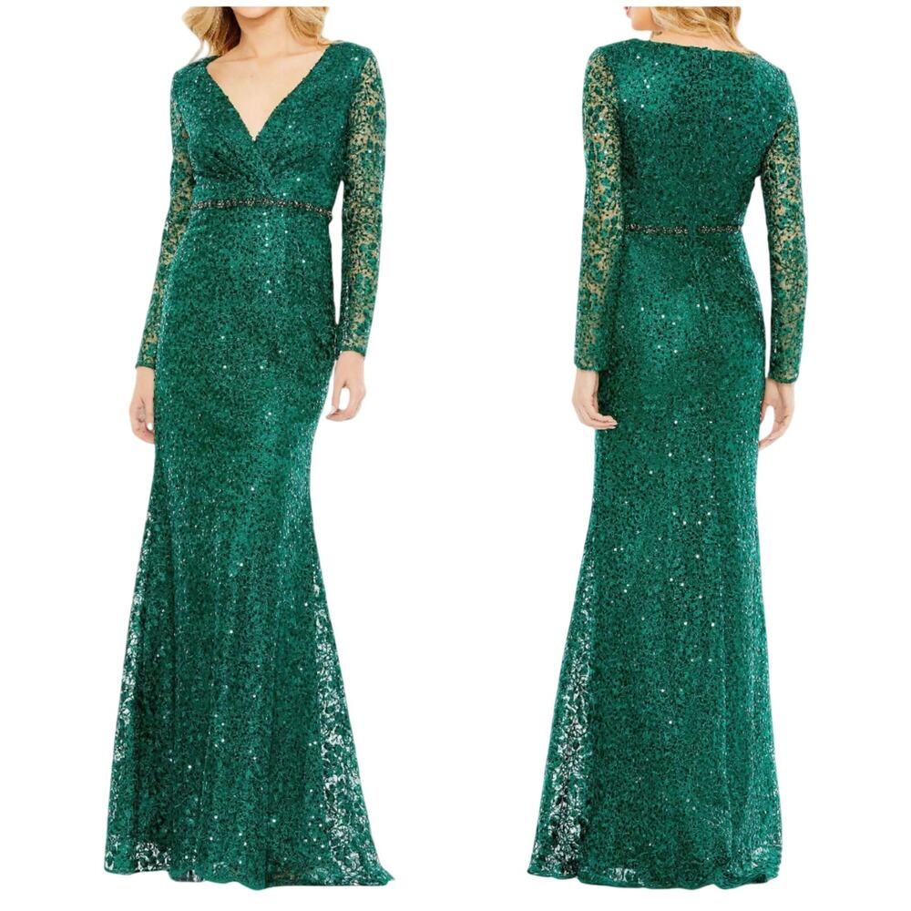 Mac Duggal Emerald Green Sequin Lace Long Sleeve Maxi Gown